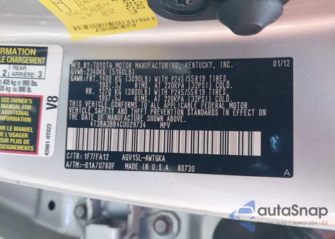 2012 Toyota Venza Le из США, поврежденный, VIN 4T3BA3BB4CU029734